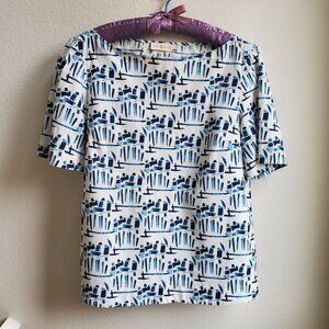Tory Burch Blue & White Cotton Boatneck Top, Size 10